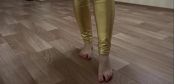  Anal masturbation and foot fetish. A blonde with long legs in shiny leggings seduces and then fucks her juicy PAWG with a dildo.